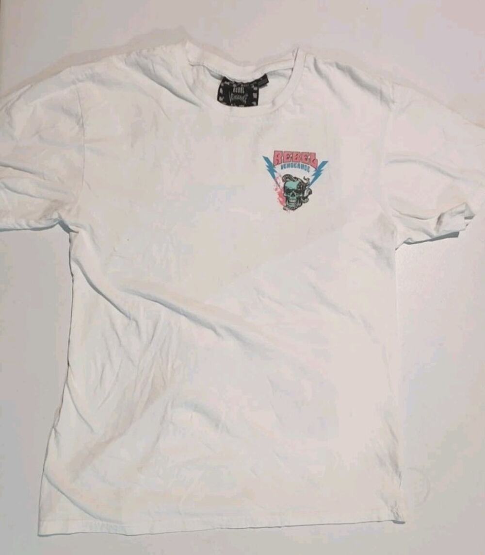 Original REBEL VENGEANCE White Graphic Tee T Shirt Skull Skeleton Size Large